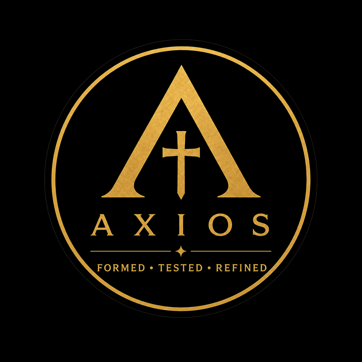 Circular black Axios vinyl sticker with a Byzantine Gold monogram and the words Formed, Tested, Refined